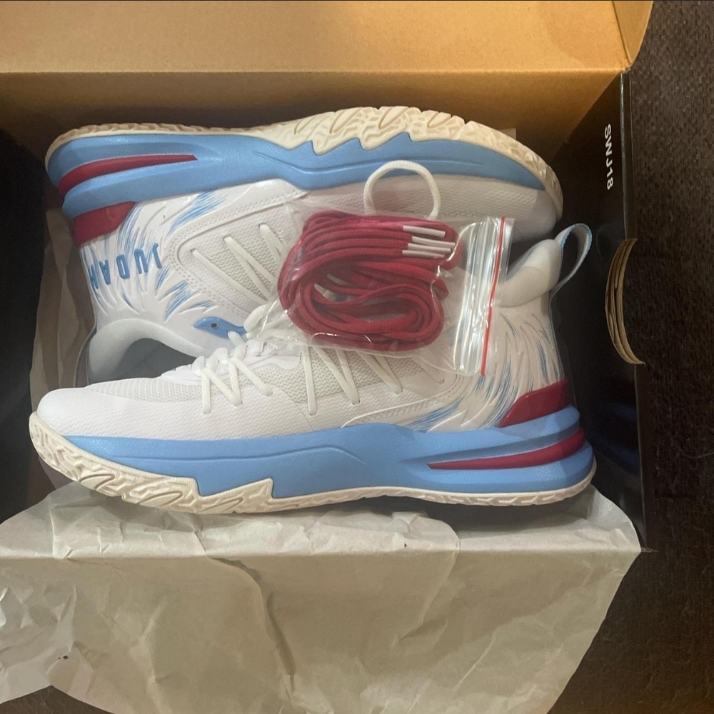 White and Blue High-Top Sneakers with Red Accents